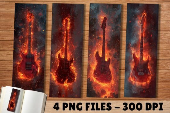 Burning Electric Guitar Lava Bookmarks for Crafts: A Bold Design Asset