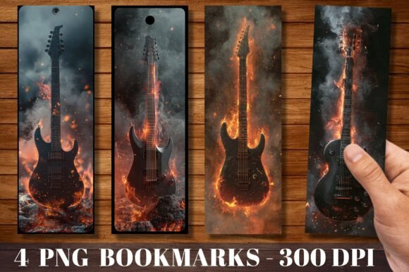 Burning Electric Guitar Rock Bookmark: A Bold Graphic Design Asset for Crafts and Branding