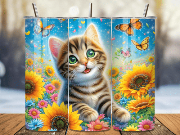 Cute Kitten Sunflower Garden Tumbler Wraps: A Charming Design Asset for Branding and Merch