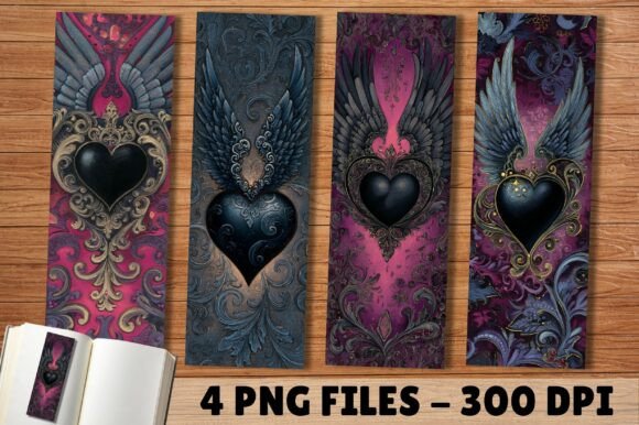 Dark Winged Heart Filigree Bookmark PNG for Crafts and Branding Projects