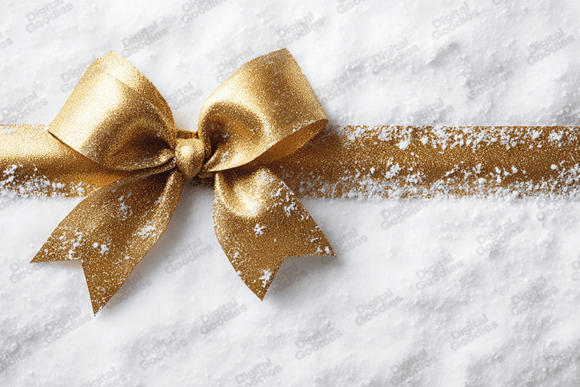 Gold Glitter Ribbon Bow on White Snow: A Premium Design Asset for Branding and Marketing