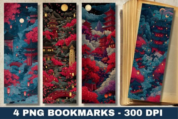 Japanese Pagoda Night Red Bloom Bookmark: A Versatile Print Template for Branding