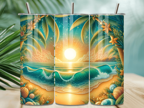 Pastel Tropical Shoreline Tumbler Wrap: A Versatile Graphic Design Asset for Creative Sellers