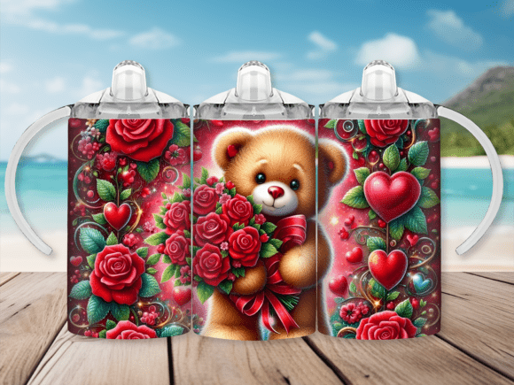 Rose Floral Bear Sippy Cup Kids Tumbler Wrap for Branding and Creative Projects